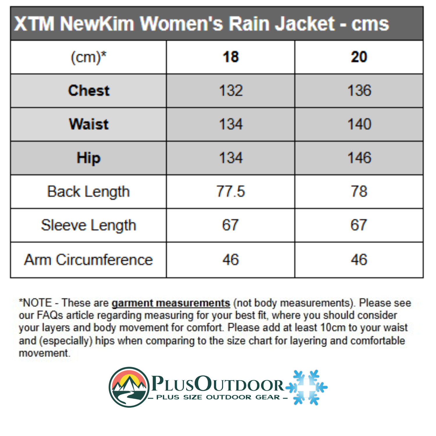 Measurement chart for XTM NewKim Women's Rain Jacket with Plus Outdoor logo.