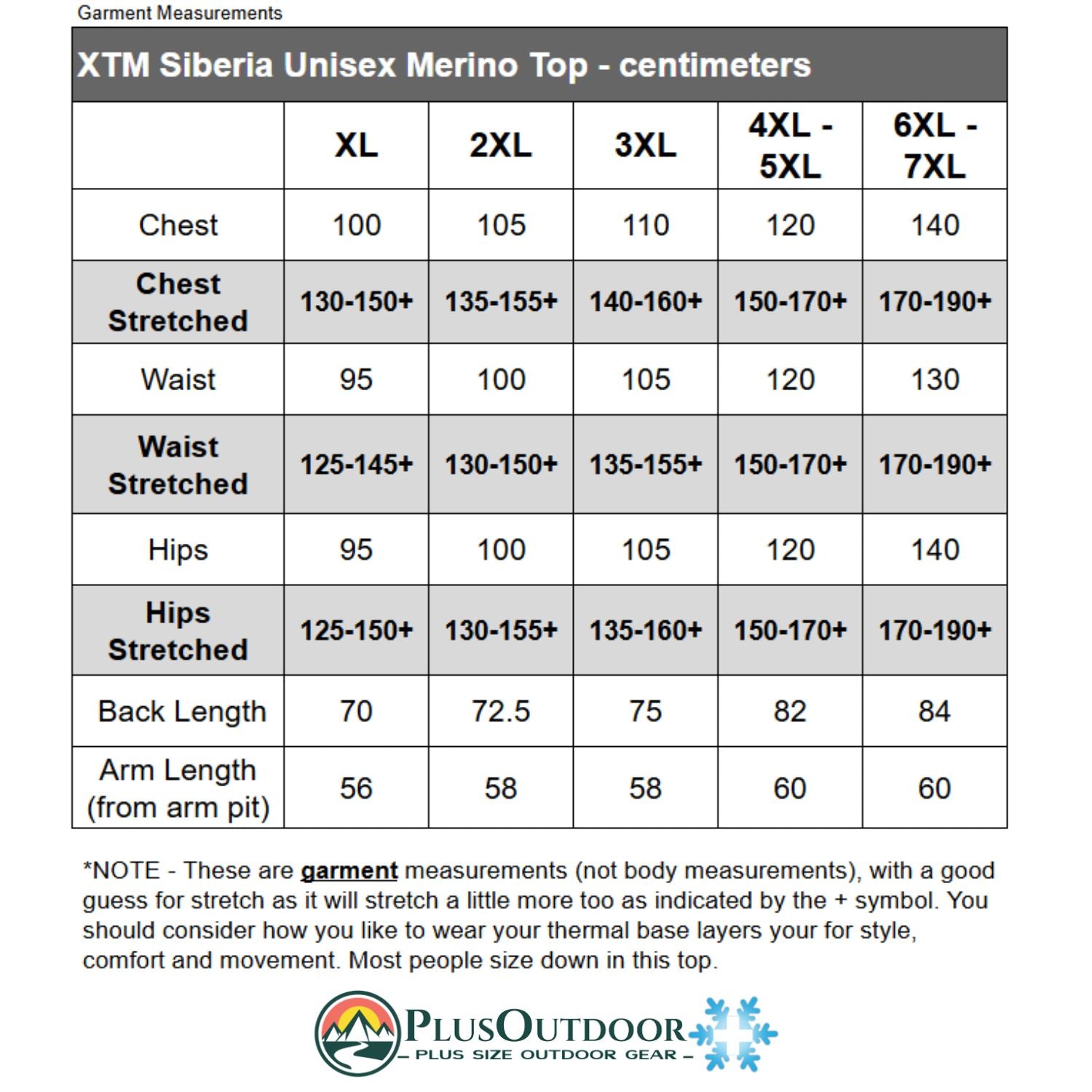 XTM Siberia Merino Wool Unisex Plus Size Thermal Top size chart