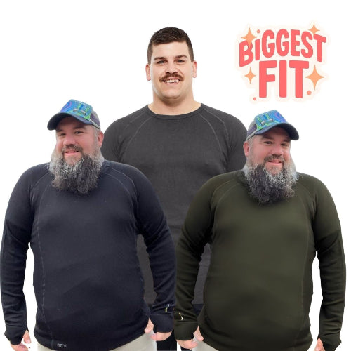 Three bearded men wearing long-sleeve compression shirts in black and olive green, standing against a white background with a 'BIGGEST FIT.' graphic in the top right corner.