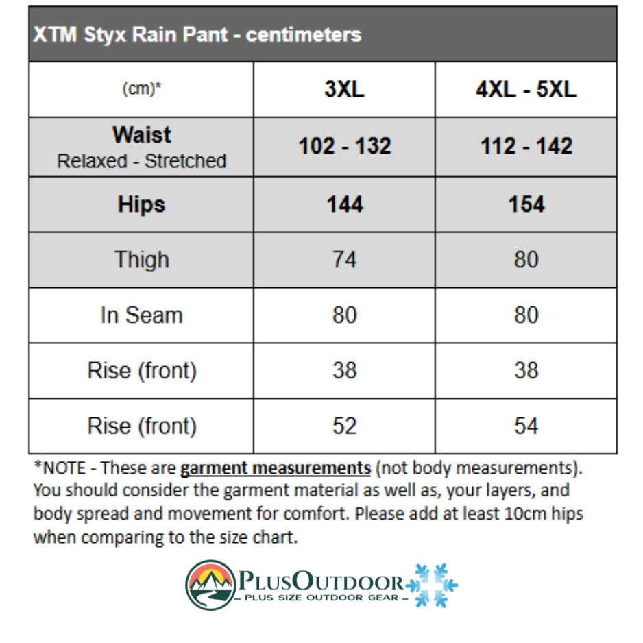 XTM Styx plus size rain pant size chart