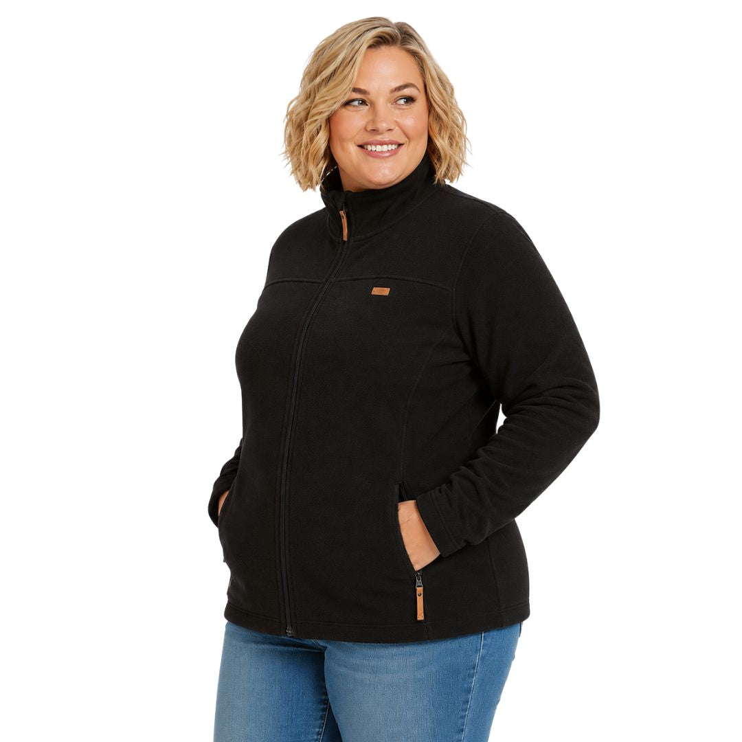 Side view of XTM Wanderer Women’s Plus Size Fleece Jacket in black.