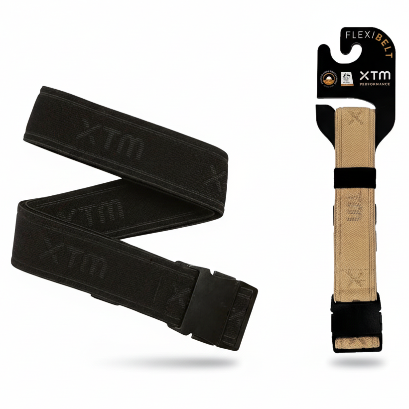 XTM Stretch Belt Low Profile in Black and Sand colours -  lightweight stretch belt for plus size outdoor clothing, Australia