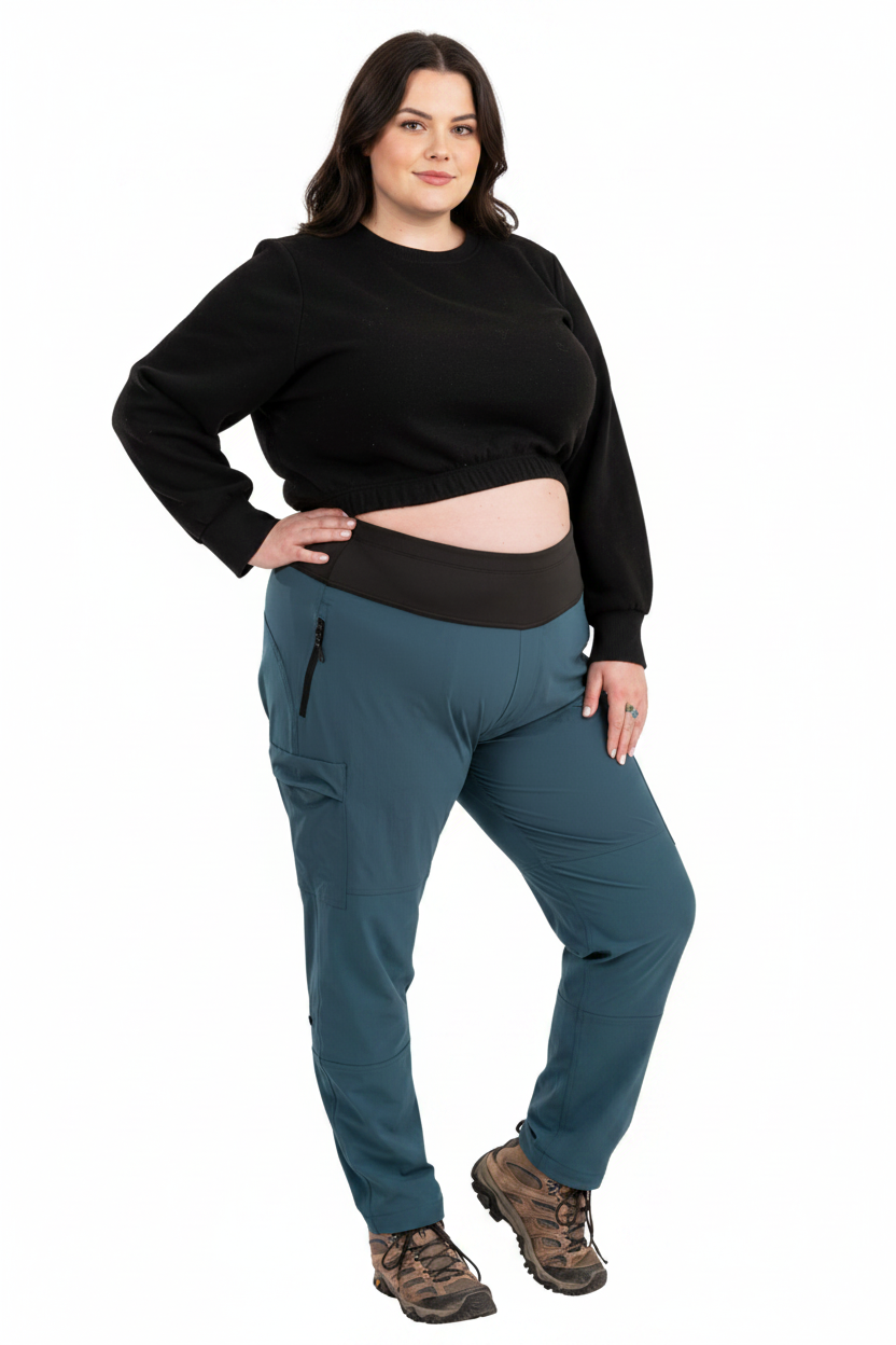 Plus Size Model with Visible Face in Teal Hiking Pants