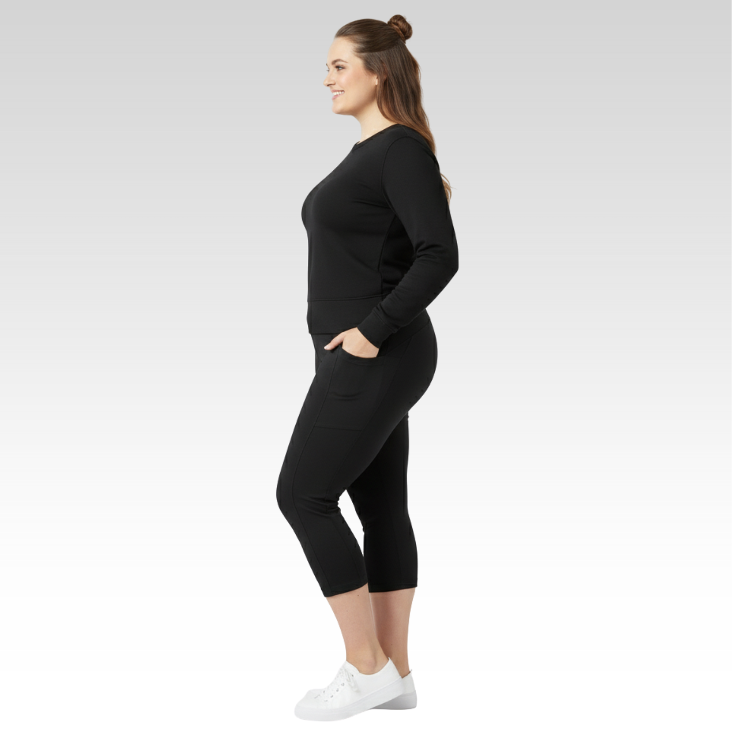 Polyanna Pocket Capri Thermals Black Womens Plus Sizes 16-30