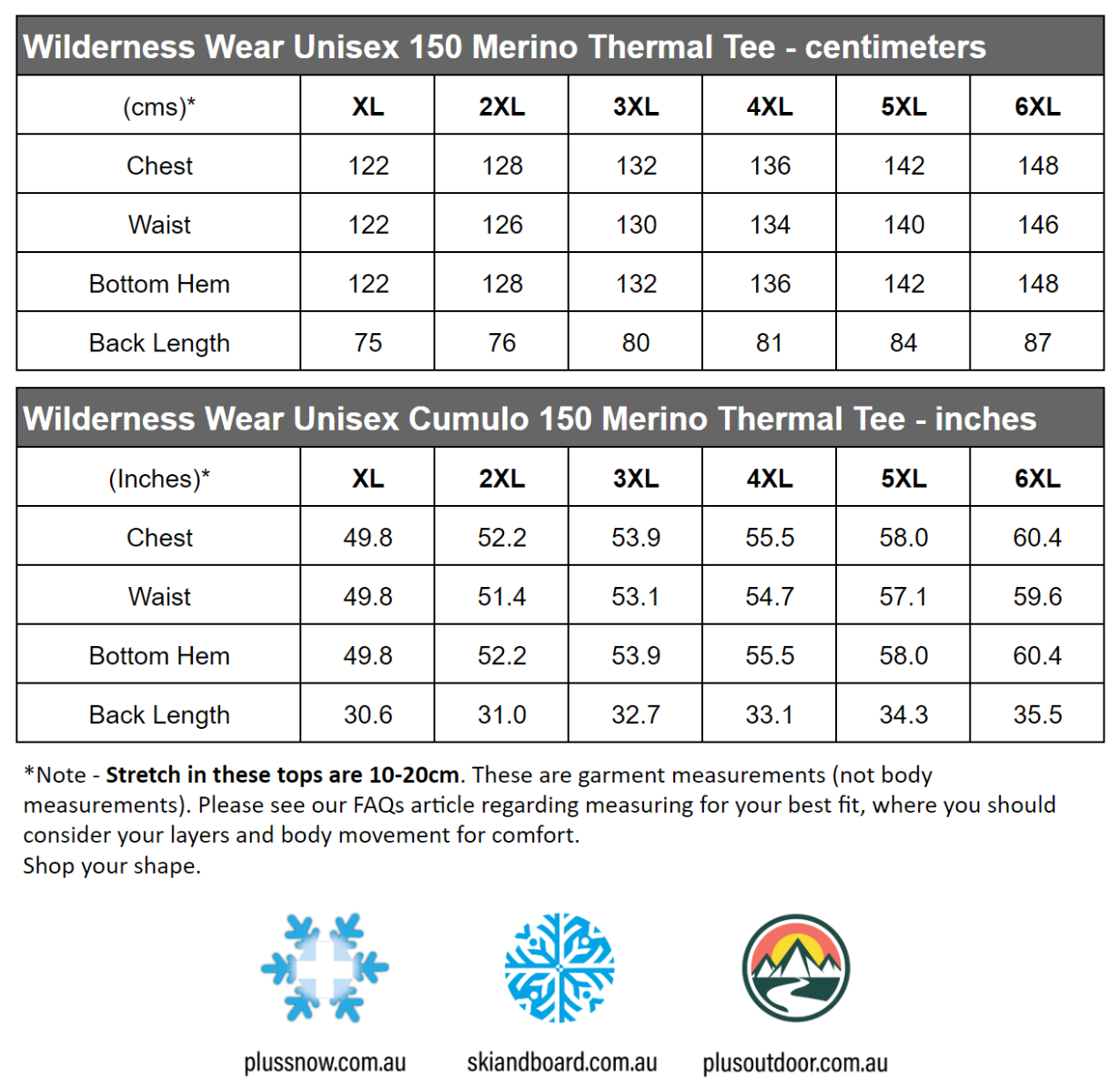 Wilderness Wear Unisex Plus Size Light Merino 170 T-Shirt XL-6XL
